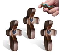 Lot de 3 Croix de Réconfort en Bois Sculptée à la Main - 5x2.5cm - Design Ergonomique avec Cœur, Cadeau Sacré pour Baptême/Prière/Méditation - Symbole de Foi Chrétienne