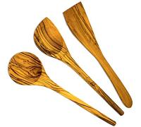 Lot de 3 cuillères de cuisine de qualité supérieure en bois d'olivier - Rondes, avec coin et spatule
