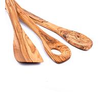 Lot de 3 cuillères de cuisine de qualité supérieure - En bois d'olivier - Rondes + coin + spatule