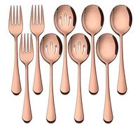 Lot de 3 cuillères de service en acier inoxydable et cuivre, 3 cuillères de service fendues, 3 fourchettes de service, ustensiles de service en métal pour restauration, dîner, buffet (C)