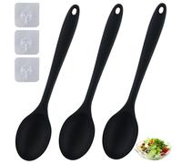 Lot de 3 cuillères en silicone antiadhésives avec 3 petit crochet, cuillère de cuisine à long manche, cuillère de service antiadhésive, cuillère pour remuer, pelleter et mélanger (Noir)