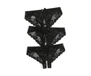 Lot De 3 Culotte Ouverte Sexy à L'entre Jambe Femme Taille Moyenne, String Dentelle Femme Creux à Nœud Respirante Comfortable Slim Couleur Unie Chic Et Élégants Doux pour Saint Valentin Slips