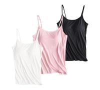 Lot de 3 débardeurs avec soutien-gorge intégré pour femme - Bretelles spaghetti réglables - Sans manches - Rembourrés - Pour le sport, le yoga, Z01-noir + rose + blanc, XXL