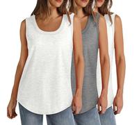 Lot de 3 débardeurs d'été sans manches pour femme - Grande taille - Col rond - Coupe ample - Couleur unie - Décontracté - Léger - Athlétique - Sport - Tunique - Ourlet incurvé (S à 5XL), 004 Blanc +