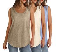 Lot de 3 débardeurs d'été sans manches pour femme - Grande taille - Col rond - Coupe ample - Couleur unie - Décontracté - Léger - Athlétique - Sport - Tunique - Ourlet incurvé (S à 5XL), 014 kaki +