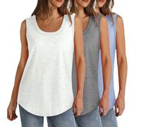 Lot de 3 débardeurs d'été sans manches pour femme - Grande taille - Col rond - Coupe ample - Couleur unie - Décontracté - Léger - Athlétique - Sport - Tunique - Ourlet incurvé (S à 5XL), 003 Blanc +