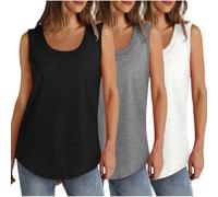 Lot de 3 débardeurs d'été sans manches pour femme - Grande taille - Col rond - Coupe ample - Couleur unie - Décontracté - Léger - Athlétique - Sport - Tunique - Ourlet incurvé (S à 5XL), 001 Noir +