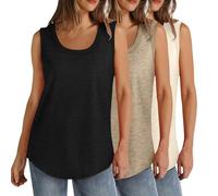 Lot de 3 débardeurs d'été sans manches pour femme - Grande taille - Col rond - Coupe ample - Couleur unie - Décontracté - Léger - Athlétique - Sport - Tunique - Ourlet incurvé (S à 5XL), 012 Noir +