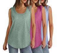 Lot de 3 débardeurs d'été sans manches pour femme - Grande taille - Col rond - Coupe ample - Couleur unie - Décontracté - Léger - Athlétique - Sport - Tunique - Ourlet incurvé (S à 5XL), 000 Vert