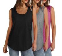 Lot de 3 débardeurs d'été sans manches pour femme - Grande taille - Col rond - Coupe ample - Couleur unie - Décontracté - Léger - Athlétique - Sport - Tunique - Ourlet incurvé (S à 5XL), 008 Noir +