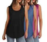 Lot de 3 débardeurs d'été sans manches pour femme - Grande taille - Col rond - Coupe ample - Couleur unie - Décontracté - Léger - Athlétique - Sport - Tunique - Ourlet incurvé (S à 5XL), 009 Noir +
