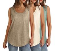 Lot de 3 débardeurs d'été sans manches pour femme - Grande taille - Col rond - Coupe ample - Couleur unie - Décontracté - Léger - Athlétique - Sport - Tunique - Ourlet incurvé (S à 5XL), 015 kaki +