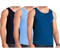 Lot de 3 débardeurs pour homme 100 % coton sans manches - Coupe ajustée - Pour la course à pied et la gym - Multicolore - Grande taille, Bleu mélangé (bleu marine/bleu roi), M
