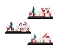 Lot de 3 décorations de Noël en bois naturel avec bonhomme de neige, Père Noël, renne, décoration de table festive pour fête à la maison, rouge, vert, blanc, 17 x 8,9 cm