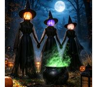 Lot de 3 décorations de sorcière d'Halloween en plein air 1,8 m | Visages lumineux changeant de couleur, sons effrayants activés par le son, avec piquets pour cour, pelouse, porche, jardin