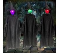Lot de 3 décorations de sorcière d'Halloween - Piquets de cour à LED portant un chapeau - Pour faire des cris effrayants - Statue de jardin effrayante - Décoration de pelouse ou de terrasse