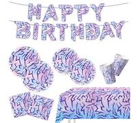 Lot de 3 décorations de table pour fête - Motif énergie des démons violets - Nappe et vaisselle en papier - Décoration de film coréenne pour l'obtention d'un diplôme et les enterrements de vie de