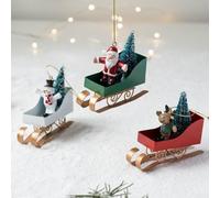 Lot de 3 décorations de traîneau de Noël décoratives en fer, pendentifs à suspendre pour arbre de vacances, maison, bureau, fête, léger, compact, vert, blanc, rouge