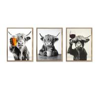 Lot de 3 décorations murales de vache des Highlands, décoration murale de salle de bain, décoration murale rustique, vache buvant de la bière, vin rouge et café, images d'animaux de cuisine mignonnes