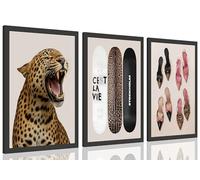 Lot de 3 décorations murales sans cadre - Imprimé léopard et art tendance avec talons, skateboards et léopard rugissant - Décoration esthétique pour chambre de fille, chambre à coucher, appartement