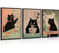 Lot de 3 décorations murales vintage japonaises en forme de chat noir mangeant des ramen sushi - Œuvre d'art amusante pour cuisine, salle à manger - Sans cadre - 30,5 x 40,6 cm
