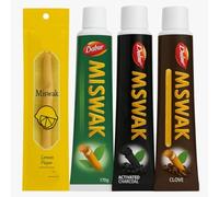 Lot de 3 Dentifrices Miswak 170 g - Siwak, Clou de Girofle & Charbon + 1 Bâton de Siwak Goût Citron - Soin Naturel Blanchissant & Anti-Plaque - Halitose, Gencives & Hygiène Buccale - RoqyaSunna