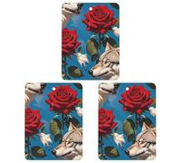 Lot de 3 désodorisants carrés à suspendre pour voiture, maison, bureau - Motif rose rouge et trois loups - Style gris