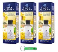 Lot de 3 désodorisants Felce Azzurra avec bâtonnets - Diffusore a Bastoncini - Parfum thé blanc et osmanthus - 120 ml + porte-clés Beni Culinari