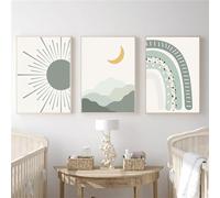 Lot de 3 Dessins Animés Sun Mountain Arc-En-Ciel Chambre D'Enfant Peinture Toile Vert Sauge Style Bohème Affiches Enfants Image Imprimée Décoration de Chambre de Bébé-60*80Cm/24*31 Pouces (Sans Cadre)