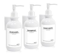 Lot de 3 Distributeurs de Savon Blanc 500ml,Distributeur Savon Liquide Mural sans Percage,Distributeur Shampoing et Gel Douche avec Entonnoir et étiquettes pour Cuisine et Salle de Bain