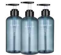 Lot de 3 distributeurs de savon rechargeables de 500 ml pour shampooing, gel douche, lotion, savon pour les mains, émulsion, détergent avec joint étanche (bleu)