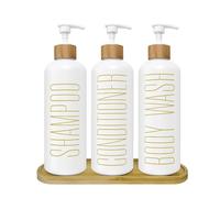 Lot de 3 distributeurs de shampoing et après-shampoing en verre blanc avec pompes en bambou et plateau, 3 bouteilles rechargeables pré-étiquetées pour gel douche, shampooing, après-shampoing, 500 ml