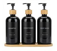 Lot de 3 distributeurs de shampooing et après-shampoing, rechargeables de 600 ml, en PET avec pompe en plastique en bambou, plateau en bambou, entonnoir et étiquettes, distributeur de gel douche pour