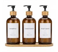 Lot de 3 distributeurs de shampooing et après-shampoing, rechargeables, en PET de 600 ml, avec pompe en plastique en bambou, plateau en bambou, entonnoir et étiquettes, distributeur de gel douche pour