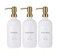 Lot de 3 distributeurs de shampooing et d'après-shampoing avec pompe en acier inoxydable (blanc/doré) - 600 ml - Bouteilles de douche rechargeables en PET avec pompe en acier inoxydable, entonnoir et