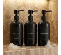 Lot de 3 distributeurs élégants de shampooing et d'après-shampoing - Bouteilles de Savon de Douche Modernes de 600 ML avec Pompe et étiquettes - Distributeurs de Gel Douche faciles à remplir pour Une