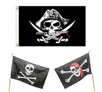 Lot de 3 drapeaux de crâne - Drapeau de fête pirate - Drapeau Jolly Roger - Convient pour la décoration d'Halloween, fête pirate, cosplay - 150 x 90 cm - Noir