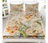 Lot de 3 Draps Housses 140x190 cm Fleurs Aquarelles ChrysanthèMes Doux et Respirant Parure de Lit Draps Housses Beige avec 2 Taies d'oreillers, pour Enfant Adolescent et Adulte