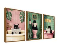 Lot de 3 Drôle de Chat Noir Tableau Encadrée Poster Mural Chaton Rose Vert Plantes Baignade Peinture Impression sur Toile Tableau Decoration Murale Salle de Bain Toilettes Baignoire 30x40cm x3pcs