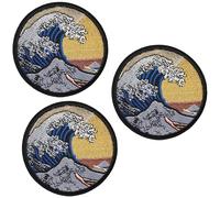 Lot de 3 Écusson Grande Vague Kanagawa Hokusai Patch Thermocollant Japon à thermocollé transfert estampe japonaise à coller fer repasser applique rond brodé great wave off coudre tshirt vêtement 9,1cm