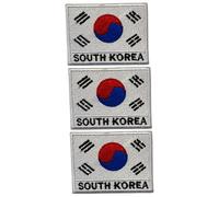 Lot de 3 écussons brodés drapeau pays avec nom - 7 x 5 cm - Écusson national thermocollant ou à coudre pour vestes, gilets, sacs à dos, chapeaux, sacs et loisirs créatifs (Corée du Sud)