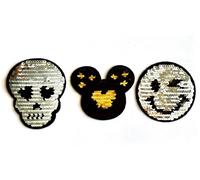 Lot de 3 écussons thermocollants Smiley Mickey Tête de mort à paillettes réversibles PA-142
