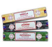 Lot de 3 encens parfumés Satya - Vanille + Jasmin + Patchouli - Encens naturel aromathérapie - 3 boîtes de 15 g.