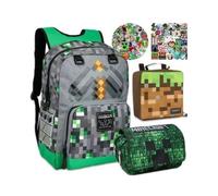 Lot de 3 Ensemble de Sac à Dos Scolaire pour Enfants,Sacs à Dos Minecraft pour + Boîte à Lunch + Étui à Crayons+Autocollants, Gris