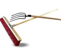 Lot de 3 ensembles balai atelier cantonnier PVC 60 cm + fourche 4 dents fines | Manches bois | Fumier foin végétaux | Nettoyage écurie | Balayage terrasse | Jardinage, fanage | Kibros BALFCHFKITX3