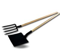 Lot de 3 ensembles fourche bêche 4 dents larges + pelle carrée | Manche en bois | Tête en acier noir | Retourner, aérer la terre | Creuser, trancher, racler | Outils de jardinage | Kibros PLCFCHLKITX3