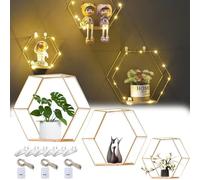 Lot de 3 Étagères Murales Hexagonales à Suspendre avec Trois Bandes Lumineuses de 1 Mètre, Étagères de Rangement Murales pour Décoration Murale dans Couloir Salon Chambre Salle de Bain (Doré)