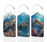Lot de 3 étiquettes de bagage pour valise, tortue océanique, cuir corail, étiquettes d'identification avec boucle en acier durable pour femmes, hommes, enfants, filles