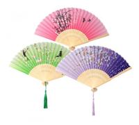 Lot De 3 Éventails Pliants, Éventails Style Chinois, Surface En Tissu De Soie Imprimé, Armature En Bambou Sculpté, Pendentif À Glands