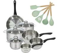 Lot de 3 Faitouts 16/20/24 cm et 3 Casseroles 12/16/20 cm Fackelmann Geneva avec Poêle 24cm et 5 ustensiles Océan